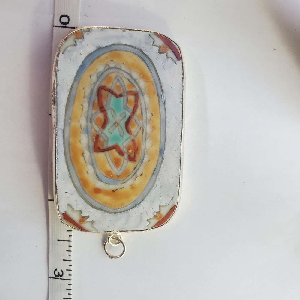 Mexican Tile Pottery Shard Pendant Large Vintage Hand Painted Talavera Focal - Picture 5 of 12